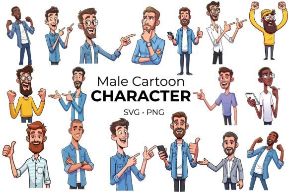Male Cartoon Character Set: Vibrant Graphics and Illustrations for Branding