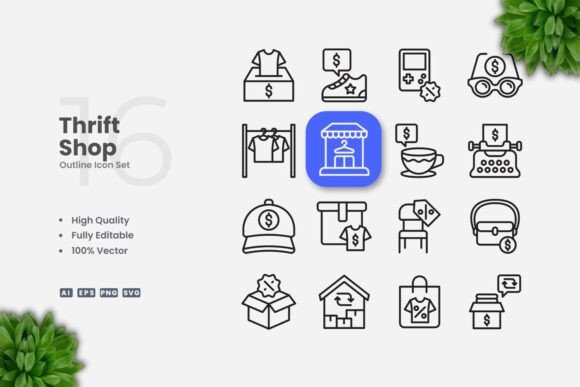 Thrift Shop Outline Icons for Modern Graphics and Blog Design