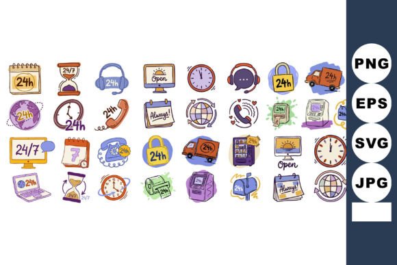 Whimsical 24h Service Doodle Icons: Playful Graphics for Editorial Use